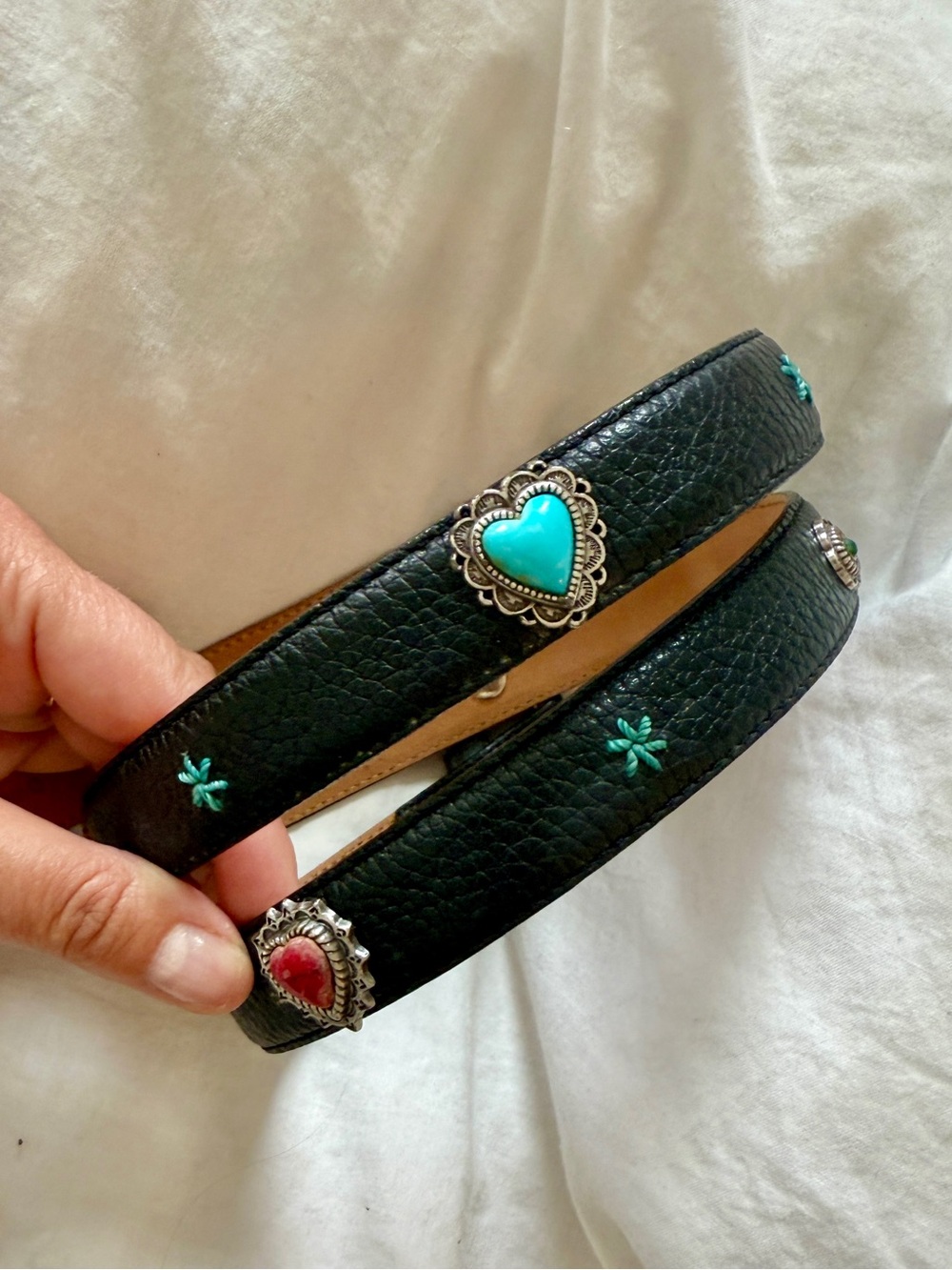 Vintage Brighton Belt Embellished Hearts/Stones Leather Black